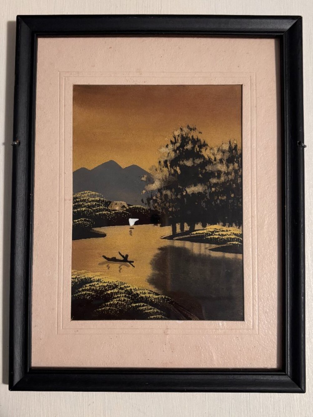Vintage Japanese Silk Painting River Mountain Scene